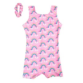 Destira Over the Rainbow Gymnastics Unitard For Girls, Pink Biketard With Puppy Rainbows And Clouds With Matching Scrunchie, Child X-Small (5)
