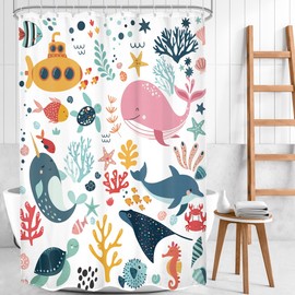 Mitpok Small Stall Kids Shower Curtain 54Wx78H Rv Kid Ocean Cartoon Whale Funny Underwater Sea Life Beach Half Narrow Bathroom Decor Coastal Submarine Fish Bath Curtain Fabric Polyester 12 Pack Hooks