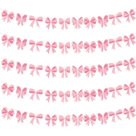 FuWeave 5 Pcs 49.4Ft Coquette Pink Bow Paper Garland Banner Coquette Birthday Pink Bow Party Decorations for Bow Birthday Baby Shower Bridal Shower Bachelorette Party Decor