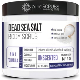 PureSCRUBS - Set de exfoliante corporal orgánico de alta calidad, tamaño grande, 16 onzas sin aroma, aceites esenciales orgánicos y nutrientes con sal del Mar Muerto, incluye cuchara de madera, lufa y jabón exfoliante orgánico