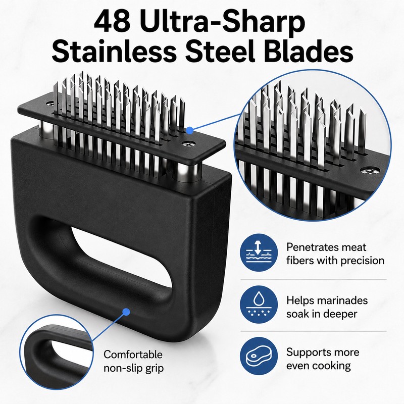 48-Blade Stainless Steel Meat Tenderizer Tool – Heavy Duty Handheld