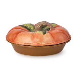 Harvest Fields 3D Pumpkin Covered Pie Carrier – 10.5” Ceramic Pie Dish with Lid – Perfect for Baking, Storing & Serving Pies, Quiches & Holiday Desserts – Festive Thanksgiving Bakeware