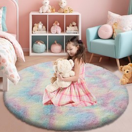 Rainbow Fluffy Round Rug,Soft Area Rugs for Girls Room, Shaggy Rugs 5'X5' for Living Room,Non Slip Circle Rug for Kids Bedroom,Shag Plush Nursery Rug,Fuzzy Plush Rug for Dorm,Cute Furry Room Decor Rug