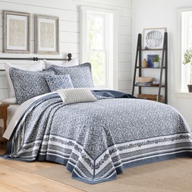 DDUOXIN Oversized Queen Bedspread - 102" W x120 L Extra Wide - 100% Cotton California Quilt with 2 Pillow Shams, Botanical Reversible Lightweight Coverlet Bedding Set, Blue/White