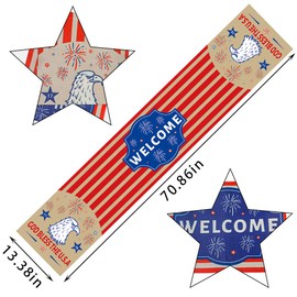 ALIBBON Large Patriotic Table Runner, 4th of July Table Runner, Welcome Table Runner, Stripes Table Runner, Eagle Table Top Covers Words Burlap Table Runner for Independence Day Holiday Decor 14x71