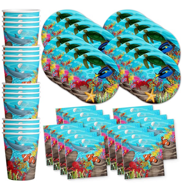 Ocean Sea Life Birthday Party Supplies Set Plates Napkins Cups Tableware Kit for 16