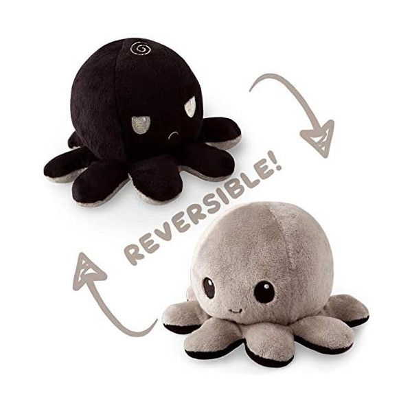 The Original Reversible Octopus Plushie | TeeTurtle’s Patented Design | Black and Gray | Show your mood without saying a word!