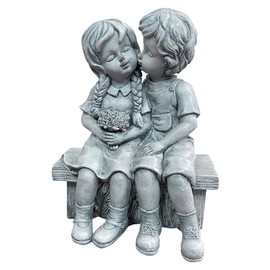 Boy Kissing Girl Statue Sitting on Bench Figurine, Puppy Love Kissing Couple Durable Home Ornament for Lover Birthday Present Art Collection Outdoor Lawn Yard Patio