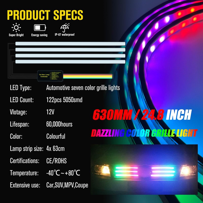 Vooda Car Front Grille LED Light Strip Kit,4X24''Car Exterior Decorative
