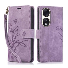KQXG Case for Honor 90 – Premium Synthetic Leather Wallet Cover, Magnetic Flip, Foldable Kickstand, Full Protection, Card Slots, Butterfly & Orchid Design -Purple