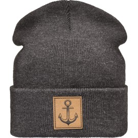 Knitted Hat: Anchor with Leather Patch – Wool Hat Winter Hat – Sailor – Long Beanie Men Women Boys Girls Child – Fishing Captain Hat – Black – Hipster Streetwear Urban – Gift, charcoal