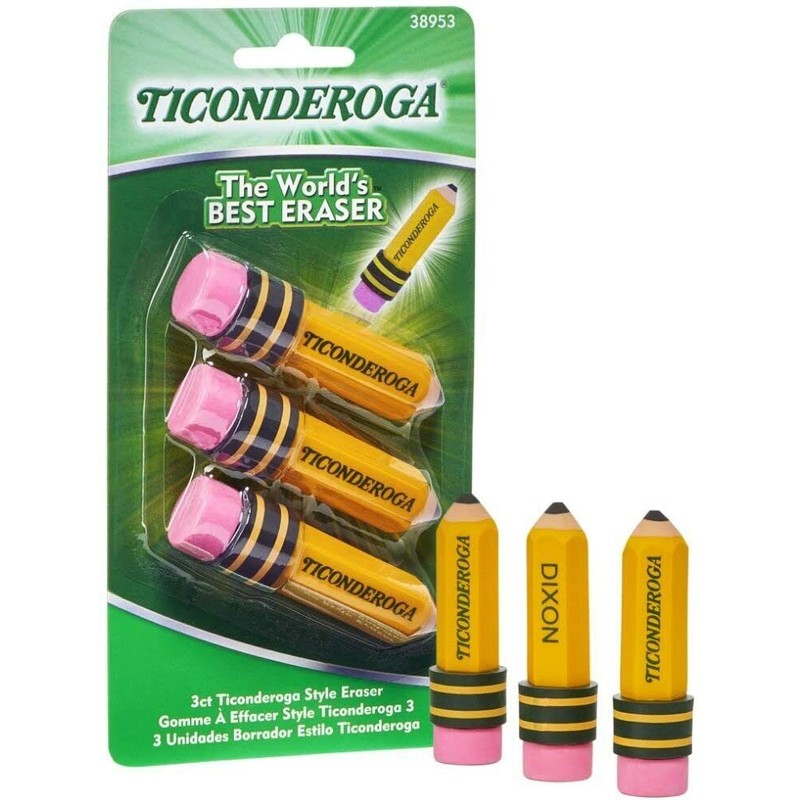 TICONDEROGA Erasers, Pencil Shaped, Latex-Free, Yellow, 1-3pak (38953)