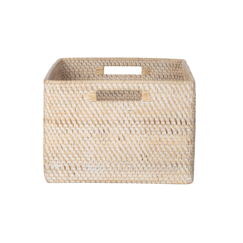 Loma Rectangular Rattan Storage Basket with Cut-Out Handles - White-Wash