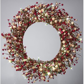 Red Co. 22” Light-Up Christmas Wreath with Red and Cream Pip Berries, Battery-Operated LED Lights with Timer
