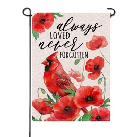 Artofy Spring Summer Cardinal Bird Memorial Small Decorative Garden Flag, Always Loved Never Forgotten Poppy Flower Yard Lawn Outside Decor, Cemetery Burlap Outdoor Home Decoration Double Sided 12x18