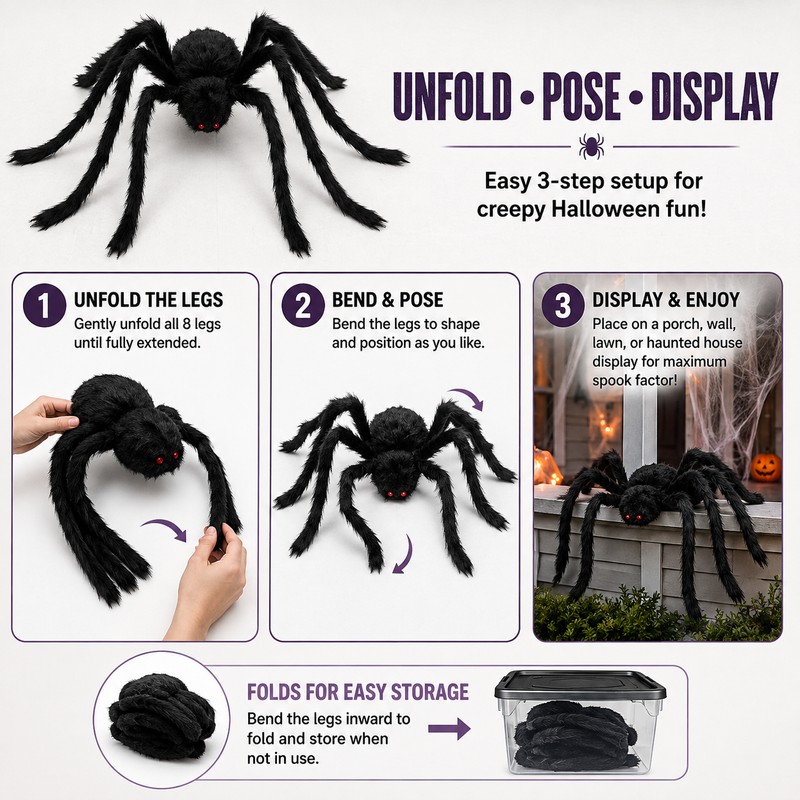 Giant Light-Up Spider for Halloween Decor – Poseable Black Plush