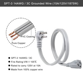 KUNCAN Appliance Power Extension Cord - 3 Prong Flat Wire SPT-3 14 AWG Heavy Duty Male to Female Extender Low Profile Grounded Cable for Major AC Unit, Air Conditioner, Refrigerator (1 Feet)