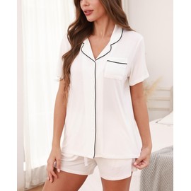 ZMJ Womens Pajama Sets 2 Piece Silk Satin Lounge Sets Short Sleeve Top and Shorts Pj Set Button Down Sleepwear Outfits White, M