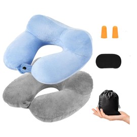 Inflatable Travel Pillow for Airplanes Inflatable Neck Flight Pillows with Washable Cover, Compact Bag and Blindfold for Traveling, Airplane, Train, Car, Office(Sky Blue)