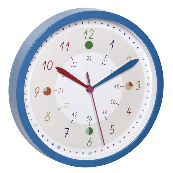 TFA Dostmann 60.3058.06.90 Children's Analogue Wall Clock Tick & Tack for Girls and Boys Colourful Learning Time with Markings Colourful Plastic Glass Blue L310 x W50 x H340 mm
