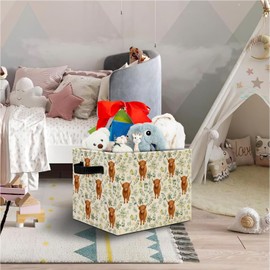 Elefeltclave Highland Cow Nursery Storage Bins,Botanical Highland Cow Collapsible Storage Basket Organizer for Kids Bedroom Bathroom Clothes Toys Books, Toybox for Girls 200STORAGE