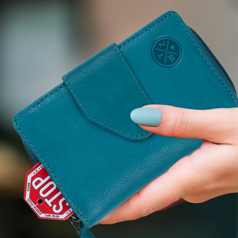 WATZMANN Cridola Genuine Leather Zip Wallet with RFID Protection, aqua,