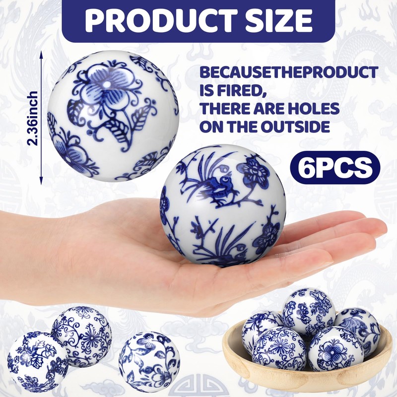 6 Pcs Blue and White Ceramic Ball Decor, Pattern 6