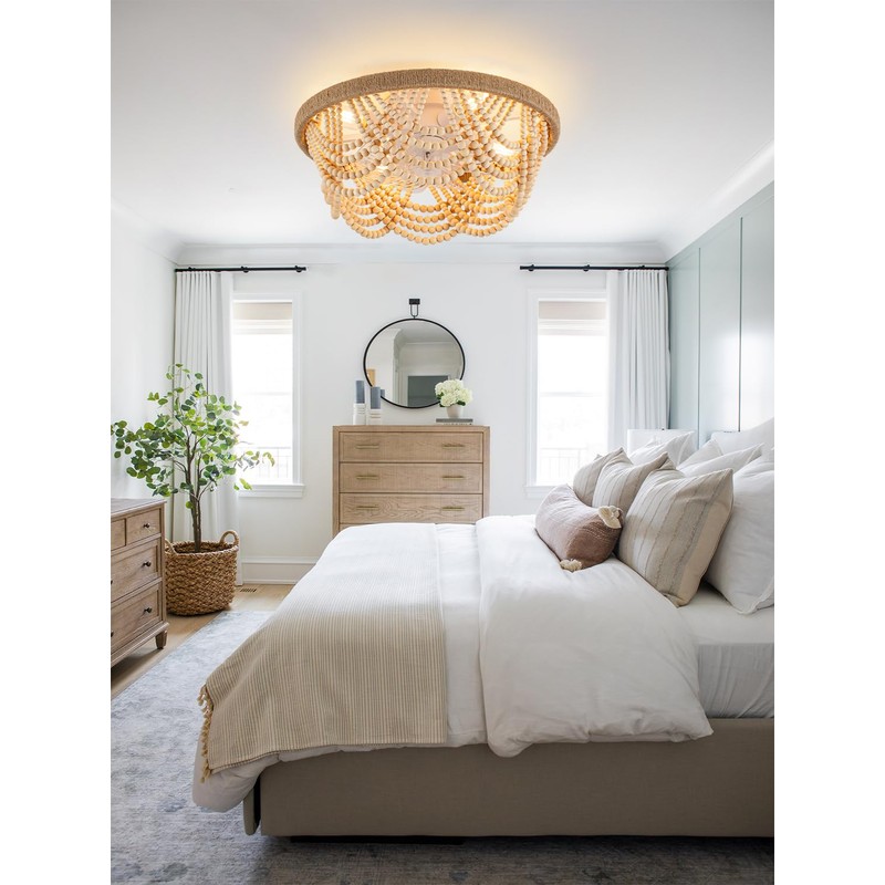 20" Boho Ceiling Fan with Light, Wood Beads Flush Mount