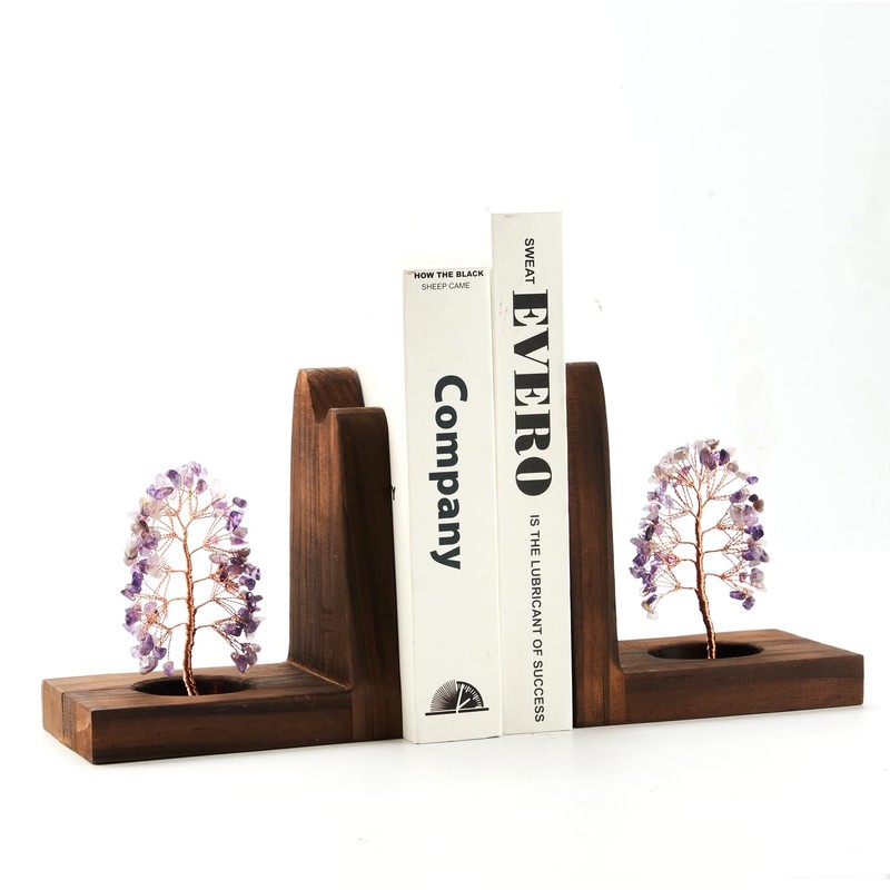 Wood Bookends for Shelves with Crystal Tree, Geode Bookstoppers for