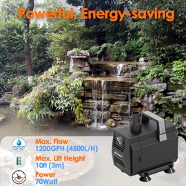 VCRAZE Submersible Water Pump 1200GPH/70W Fountain Pumps with Flow Control, Pond Pump Submersible Outdoor with 10ft 3-Core Power cable for Hydroponics, Aquarium, Waterfall, Statuary, Water feature