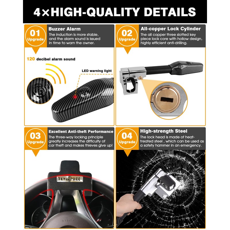 Tevlaphee Steering Wheel Lock with Alarm,Heavy Duty Anti-Theft Car Device