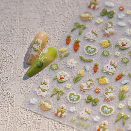 5D Embossed Green Bow Nail Stickers for Nail Art Rabbit Nail Art Stickers Dark Nail Decals Self Adhesive Flower Carrot Nail Art Design Manicure Supplies Charm for Women Nail Art Decorations