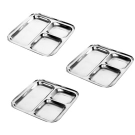 Satre Online and Marketing Stainless Steel Square Plates Set of 3, Lunch Dinner Thali Deep 3 Compartments -3 Pcs