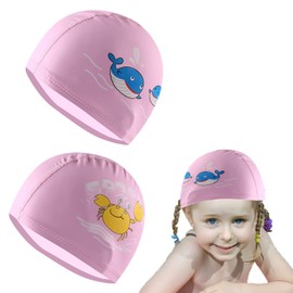 BSITSSS Pack of 2 Girls' Swimming Caps, Waterproof Spandex Swimming Cap, Girls Long Hair, Swimming Cap, Children for Baby 3-12 Comfort Fabric Swimming Cap, Bath Cap