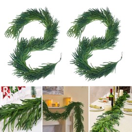 Direkame 2 Pcs Artificial Christmas Pine Norfolk Garlands Fake Green Plants Artificial Greenery Garland for Table Indoor Outdoor Christmas Wreath Home Decoration