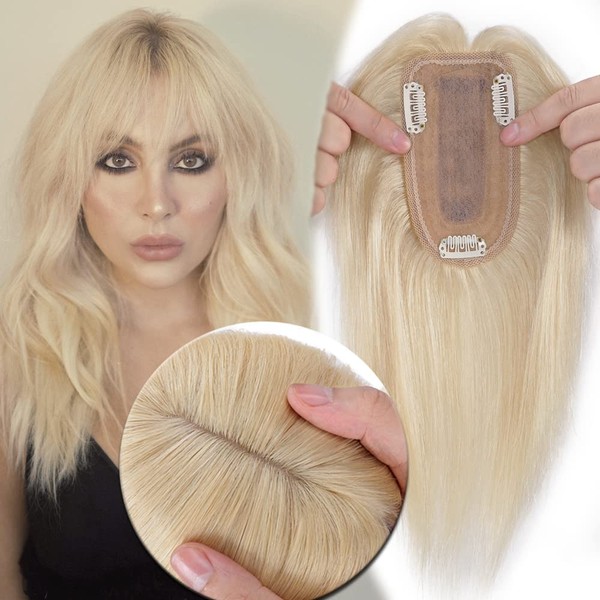 MY-LADY Human Hair Toppers for Women Real Remy Hair 150% Density 7 * 13CM Silk Base with Bangs Clip in Hair Pieces Straight Hairpiece for Thinning Hair 14 Inch #60 Platinum Blonde