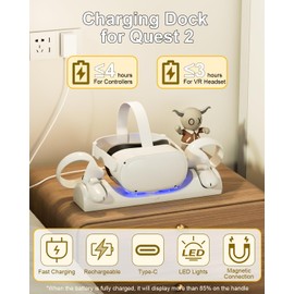 VR Charging Dock for Meta Quest 2, TanReginal Magnetic Charging Station for Oculus Quest 2 VR Headset and Controllers, with 2 Rechargeable 1800mAh Batteries, USB-C Charger and LED Indicators