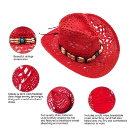 Cowboy/Cowgirl Straw Hat Panama with Western/Western Band Unisex One Size Men Women for Summer Coachella Beach in Brazilian Country Style Bohemian Indiana Natural Raffia, red, Unit size