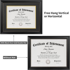 DOAI ART 8.5 x 11 Diploma Frame Classic Black Display 8.5x11-inch with Black Over Gold Mat or 11x14 Document &Certificate Without Mat, Gold Beads Hanging Hardware Included, Tabletop