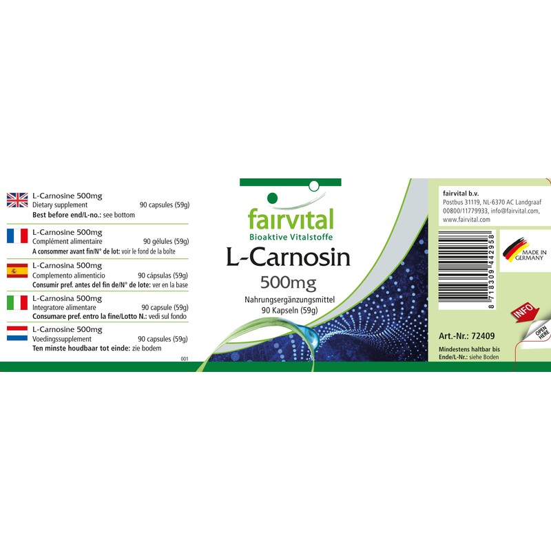 Fairvital L-Carnosine 500 mg – High Dose – Vegan –