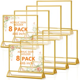 Gabotrie 8 Pack Acrylic Sign Holders with Golden Border, Double Sided Clear Picture Frames, 6 x 4 Table Number Holders, Horizontal Menu Holders for Wedding Reception Art Display Party Decoration