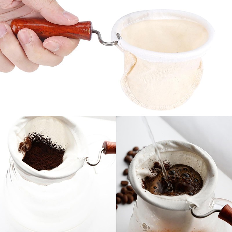 Reusable Washable Flannel Fabric Coffee Strainer with Wooden Handle Coffeesock