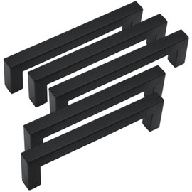 Qwrqwr 5PCS Black Cabinet Handles Stylish Wardrobe Handle for Drawers Cupboards Matte Kitchen Hardware Durable Square Bar Door Pulls (Hole Center: 128mm)