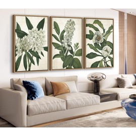 Large Framed Canvas Wall Art - Natural Float Framed White Flowers Green Leaves Pictures Decor Simple Botanical Plants Artwork for Living Room Bedroom Kitchen Home Office Decoration 60" X 28" Set of 3