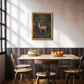 Framed 3D Textured Wall Art, Dark Academia Reindeer Deer Hand Drawn Sandstone Wall Decor, Vintage Botanical Florals Animal Picture, for Bathroom Living Room Bedroom Home Decor 12x16 inch