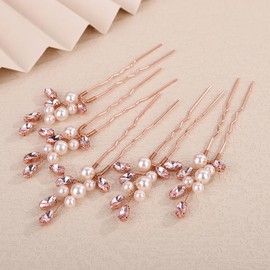 Teyglen 5pcs Pink Rhinestone Pearl Wedding Hair Pins Bridal Crystal Beads Hair Pins Handmade Crystal Hair Piece Wedding Hair Accessories for Women Headpiece(Pink)
