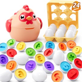 HYES Matching Eggs for Toddlers 1-3, 24PCS Play Eggs in Carton, Chicken Montessori Geometric Sensory Toys, Color Shape Sorting Stacking Block Easter Gifts for Baby Boys Girls