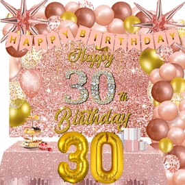 Rose Gold 30th Birthday Party Decorations, 30th Birthday Decorations for Women Girls Happy Birthday Banner Rose Gold Tablecloth Star Foil 30 Balloons Happy Birthday Backdrop for Thirty Birthday Party
