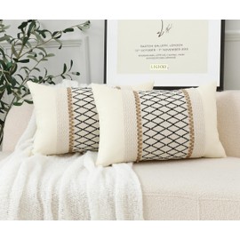 LIGICKY Set of 2 Boho Cushion Covers Linen Cotton Decorative Striped Woven Style Black Grid Stitching Soft Square Throw Pillow Covers for Sofa Bedroom Living Room Party Décor, 12 x 20 inch