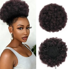 tonebesift Afro Puff Drawstring Ponytail for Black Women，Short Kinky Curly Clip On Synthetic Afro Ponytail Hair Bun Puffs for Girls(#4 Medium Brown)